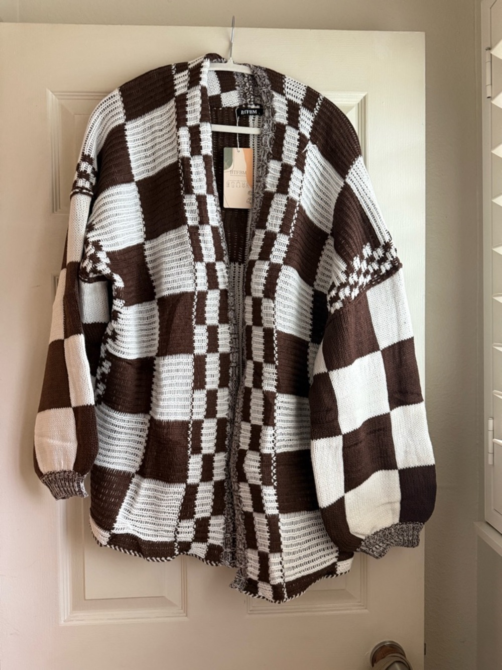 Rue21 Brown and White Checkered Open Front Cardigan